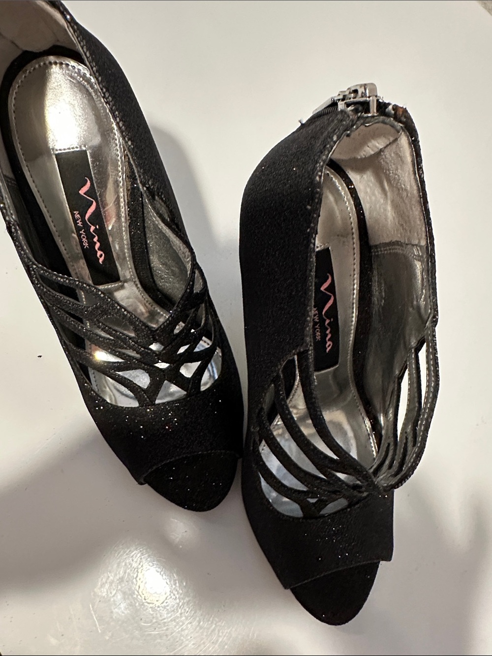 Nina Black Glitter Strappy Peep-Toe Heels